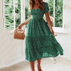 Vintage Print Summer Floral Maxi Dress Square Collar Small